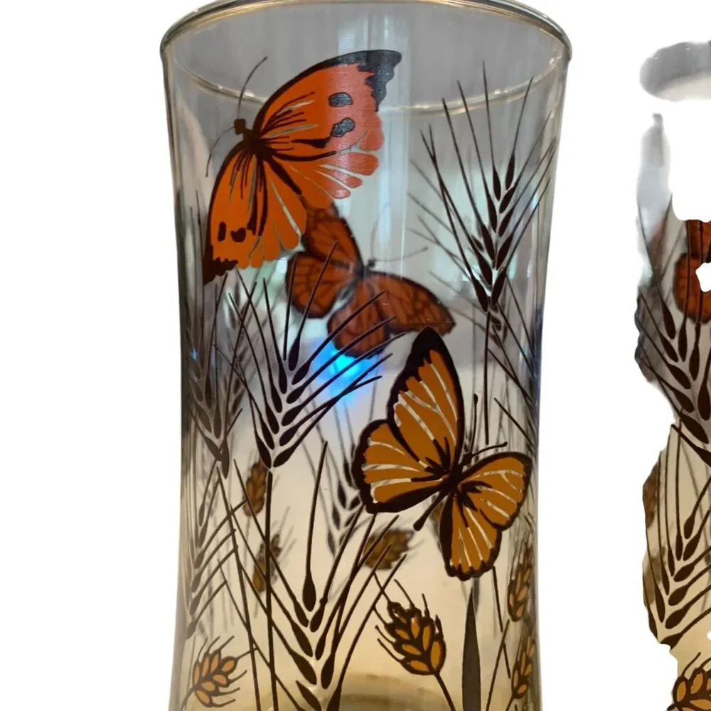 Vtg Libby Drinking Juice Glass Set of 2 Monarch Butterfly Wheat Orange MCM 12 oz